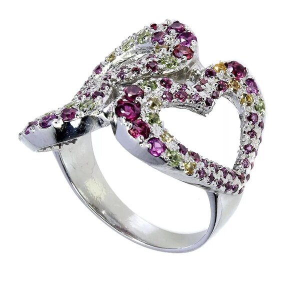 Double Heart Rhodolite Garnet Peridot Gemstone 925 Sterling Silver Ring Size 9 - Picture 6 of 15